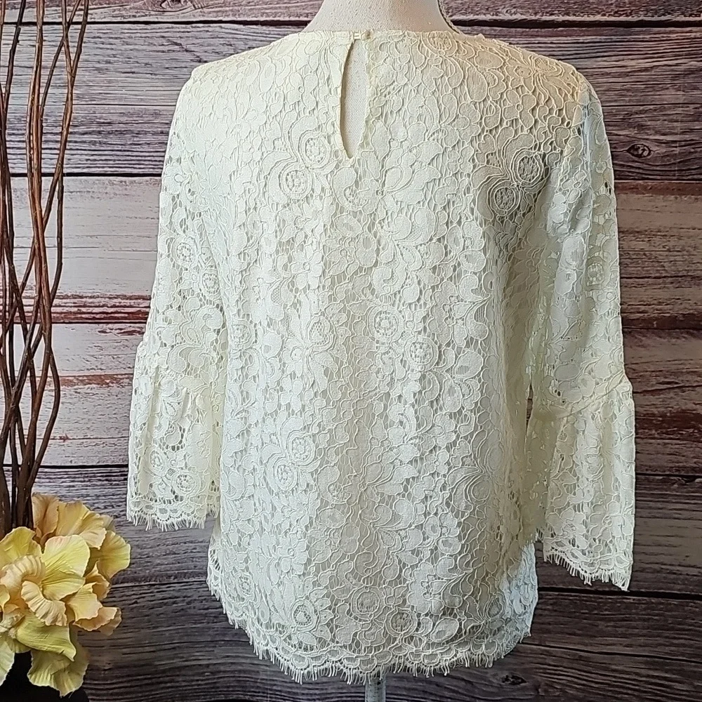NEW H&M IVORY LACE LINED 3/4 FLARE SLEEVE PULLOVER BLOUSE